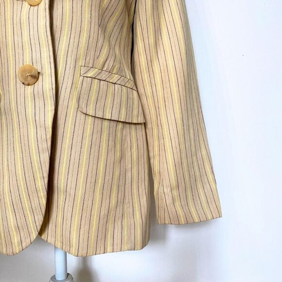ESCADA LINEN BLEND BEIGE BLACK YELLOW STRIPED PEAK LAPEL MID-LENGTH BLAZER - 4 - Picture 6 of 12